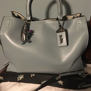 Coach 1941 Rogue 30 Steel Blue Tote Bag Smooth Leather Party Owl Novelty Strap